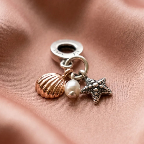 Pre-loved Pandora Privjesak Biser, Morska Zvijezda i Školjka – Trodijelni – Srebro 925 i Roza Pozlata