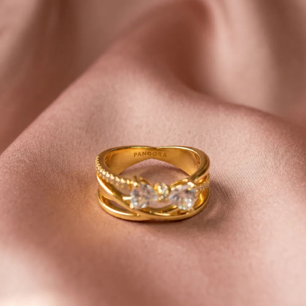 Pandora Prsten Zlatni Uvijeni s Cirkonima – 14k Pozlata